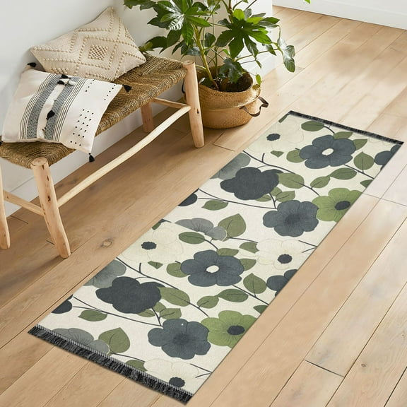 Yayeee Runner Rug for Bedroom 2'x6' Machine Washable Hallway Non Slip Mat, Navy Flower