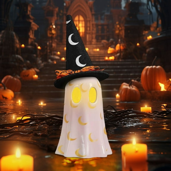 Halloween Hat-Wearing Ghost Light Witch Hat Ghost Figurine For Spooky Decor,Ghost Sculpture Halloween Decoration for Spooky Home , Black
