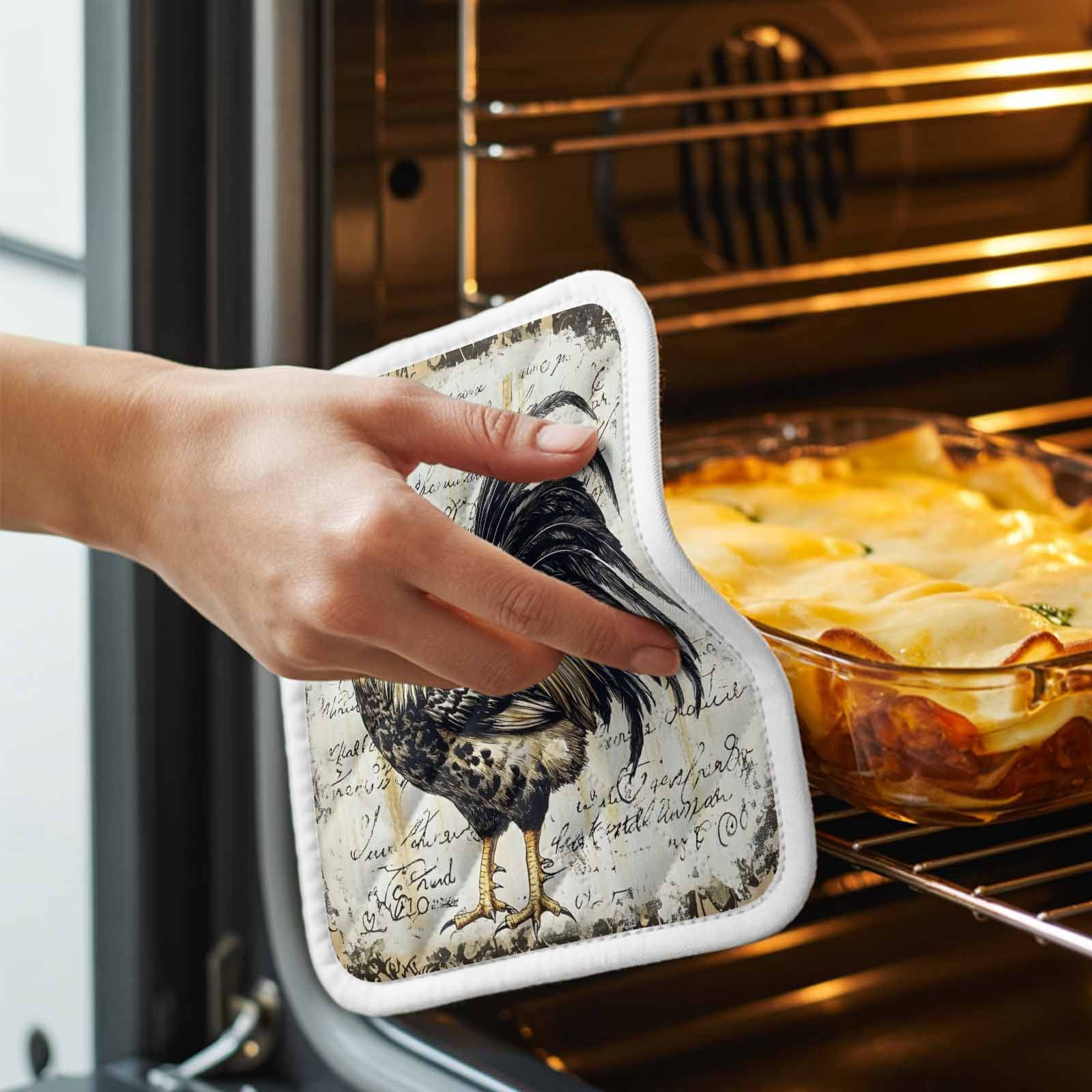Vintage Rooster Pot Holders for Kitchen Heatproof Potholder, 4 Pack Watercolor Black Yellow Farmhouse Animals Hot Pads Multipurpose Oven Pads Cloth Potholders Trivet for Cooking and Baking