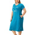 thumbnail image 1 of Women's Plus Size Nightgown Cat Print with Pocket Sleep Dress Sleepwear Peacock Blue 4X, 1 of 5