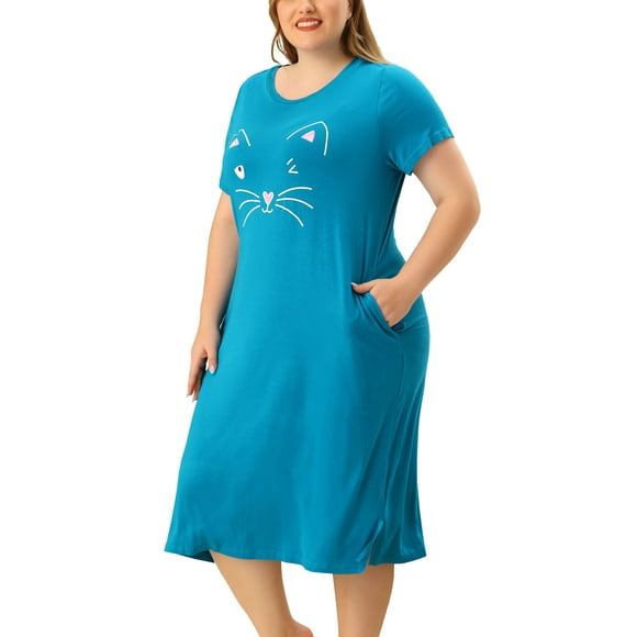 Women's Plus Size Nightgown Cat Print with Pocket Sleep Dress Sleepwear Peacock Blue 4X