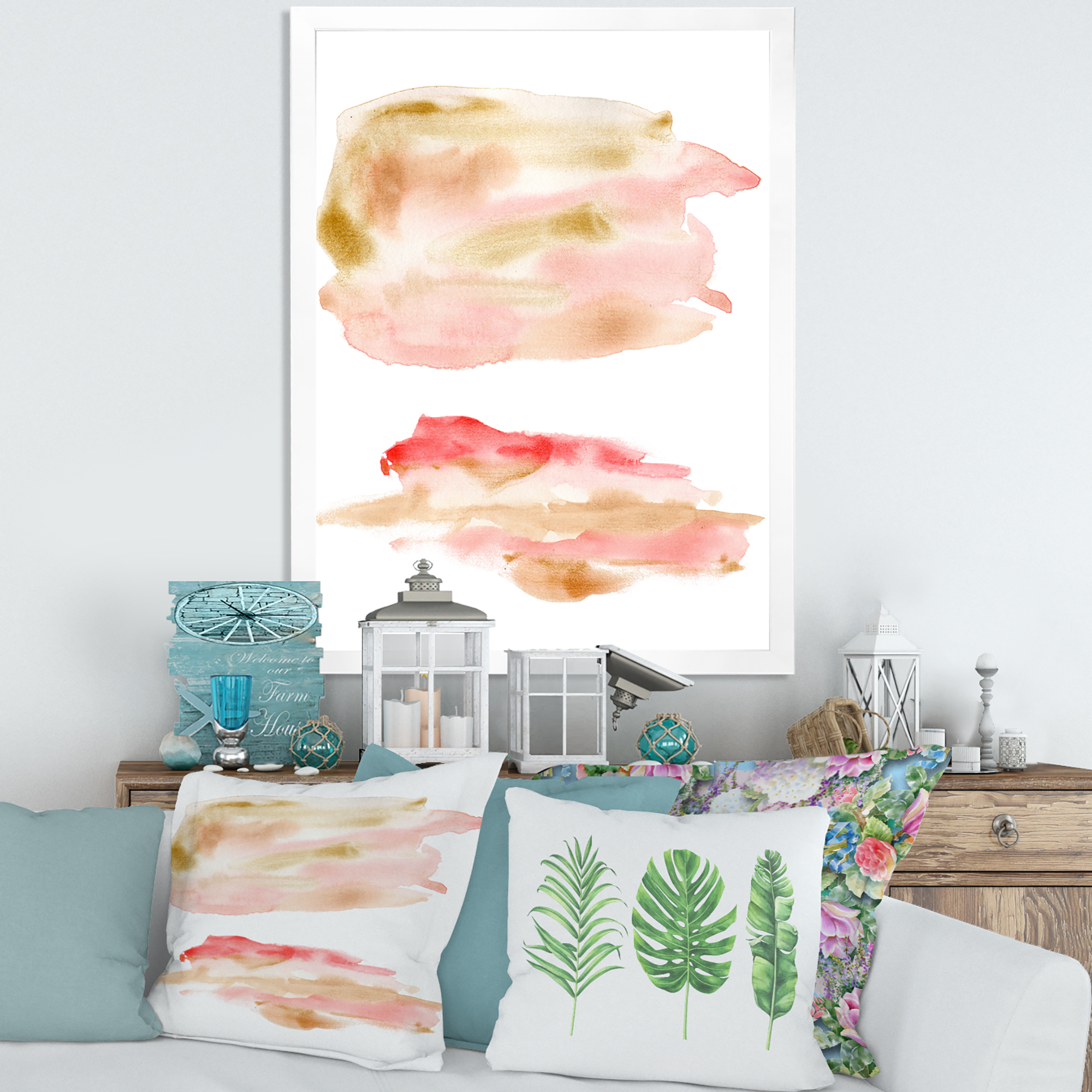 Designart 'Abstract Clouds Set With Pink Gold Beige and Red' Modern Framed Art Print