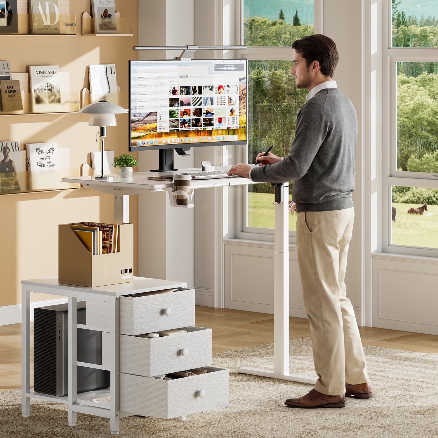 GUNAITO 47.2" Electric Standing Desk with 3-Drawer Cabinet, Adjustable Height Desk with Memory Panel, Office & Gaming Desk，White