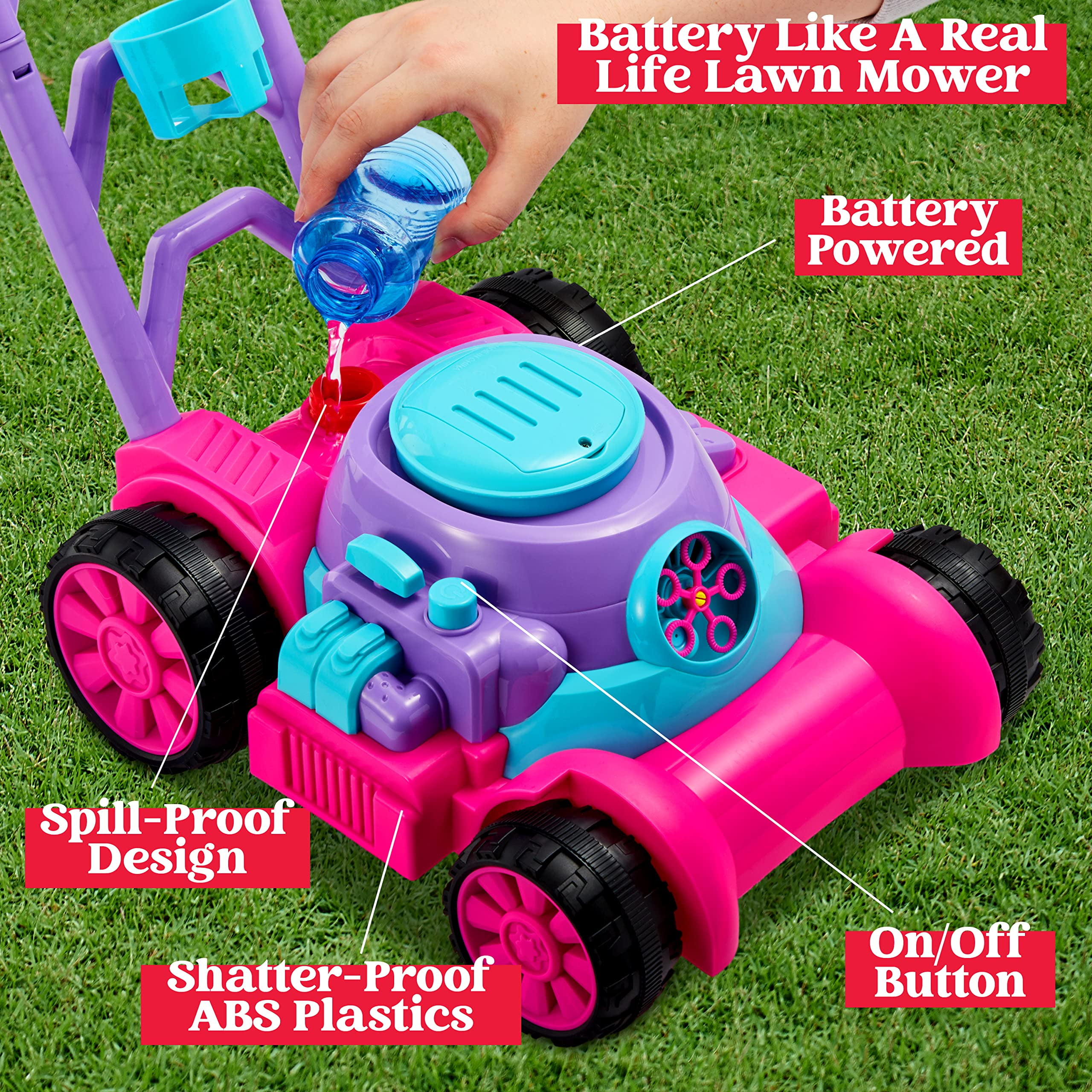 SYNCFUN Bubble Lawn Mower, Bubble Machine Summer Outdoor Toys for Toddlers 1-3, Pink Bubble Blower for Kids 2 4 6 Birthday Gifts