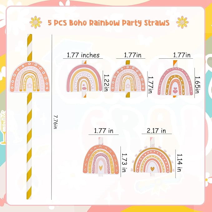 Serencatcher 50Pcs Boho Rainbow Paper Straws, Boho Rainbow Baby Shower Decorations with Colorful Double-sided Printing Striped Decorative Straw for Girls Retro Groovy Rainbow Birthday Party favors