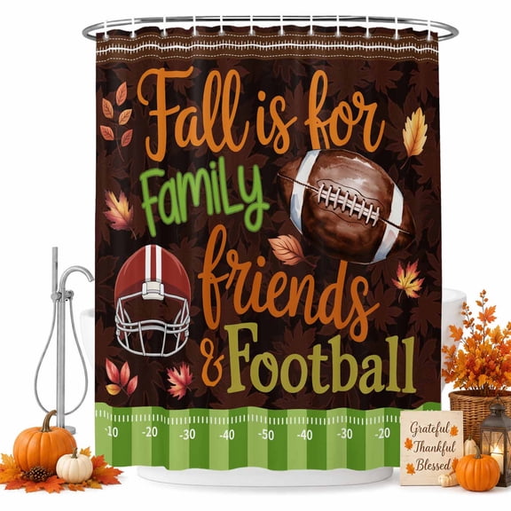 Football Sport Shower Curtain Set with Hooks, Thanksgiving Vintage Fall Maple Leaf Rugby Brown Green Sturdy Water Repellent Shower Curtains for Bathroom Bathtub, Machine Washable 36x72 Inch