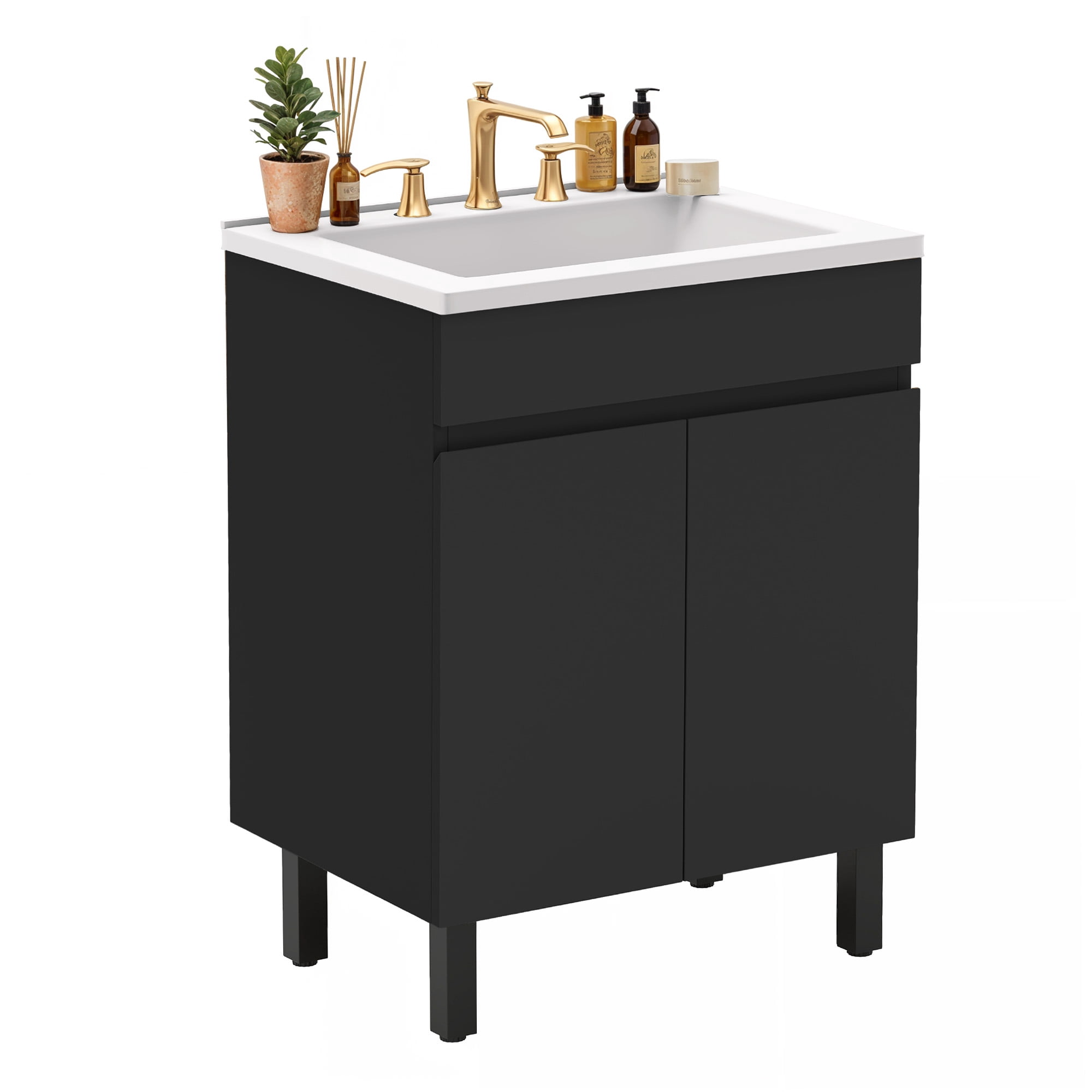Uforic 24.9" Bathroom Vanity with Top Sink, Modern Free Standing Bathroom Storage Cabinet with Soft Close Door, Black