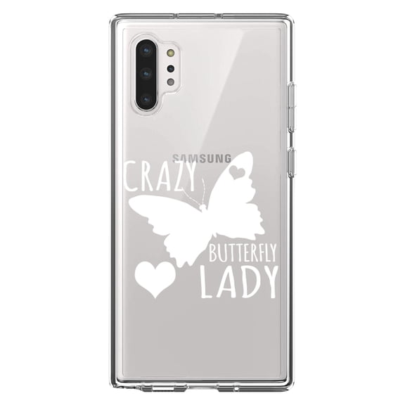 DistinctInk Clear Shockproof Hybrid Case for Galaxy Note 10 PLUS (6.8" Screen) - TPU Bumper Acrylic Back Tempered Glass Screen Protector - Crazy Butterfly Lady