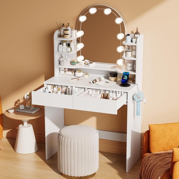 Cuoote Makeup Vanity with Mirror and Lights, 3 Color Lighting, Small Vanity Desk with Power Outlet, Dressing Table for Small Spaces