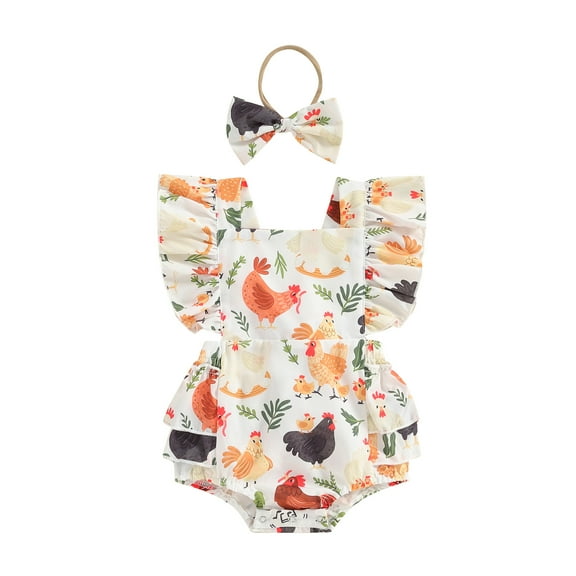 Newborn Baby Girl Farm Outfit Chicken Print Romper Ruffle Sleeve Jumpsuit Bodysuit with Headband Cute Summer Country Clothes