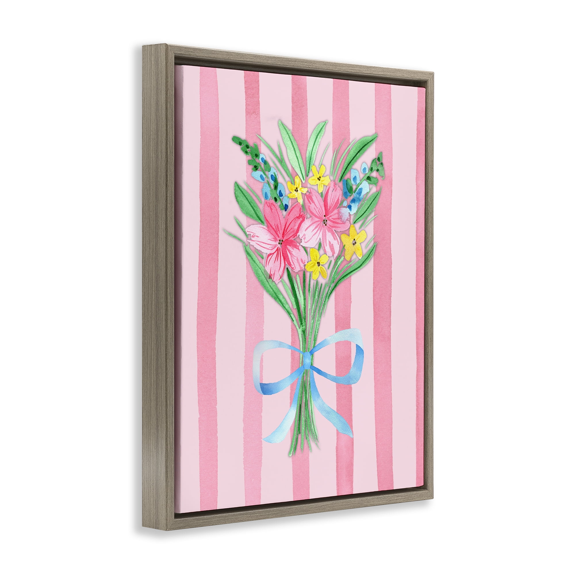 Spring Bouquet Pink & Blue Brown Framed Floater Canvas Wall Art, design by Nina Jacobs