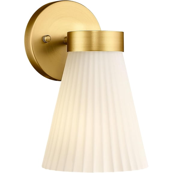 Open Box HWH INVESTMENT Gold Wall Sconce, Single Wall Light Fixture Brushed Gold Wall Lamp with Frosted Milk White Striped Glass Shade 5HZG97B BG