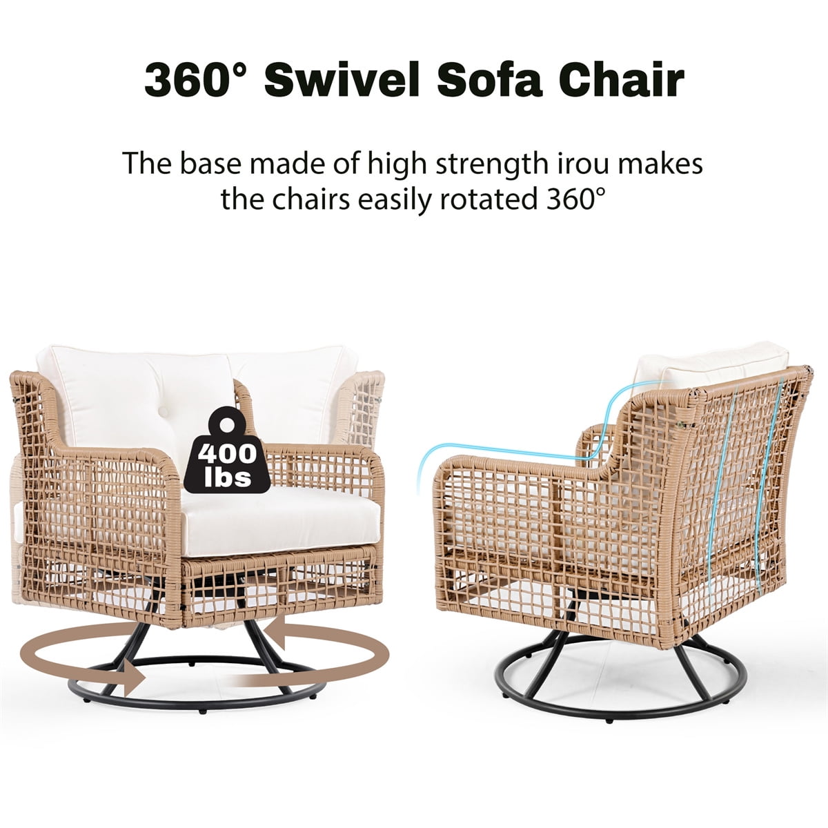 HighSound Patio Furniture Set, 5 Piece Outdoor Conversation Set with Rocking Swivel Chairs, Wicker Rattan Outdoor Sofa Set with Coffee Table for Backyard, Deck, Porch, Beige Cushions