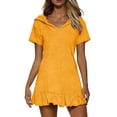 thumbnail image 4 of asdoklhq Summer Plus Size Dresses Mother Of Bride Dresses Women's Solid Color Short Sleeve Hooded Flared Casual Loose Dress Yellow S, 4 of 9
