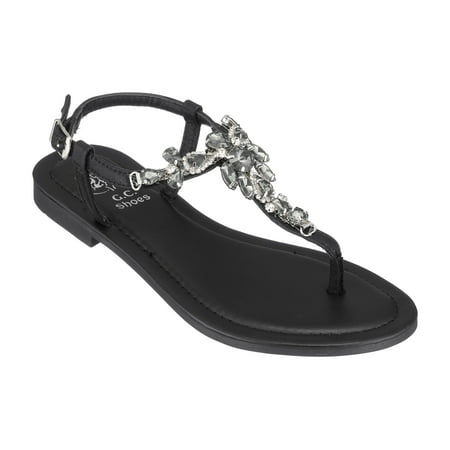 GC Shoes Women s Jeweled T Strap Flat Sandals  Dressy Summer Ankle Buckle Flats  Comfortable Fashion Sandal  Josie/Black/8.5