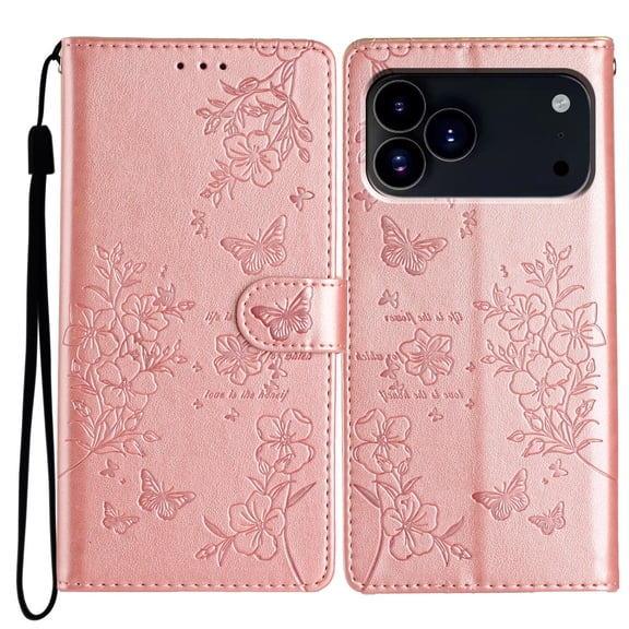 ELEHOLD For iPhone 17 Pro Max Flip Wallet Case with Card Slot Shockproof Floral Butterfly Pattern PU Leather Full Body Protective Cover with Wrist Strap,Rosegold