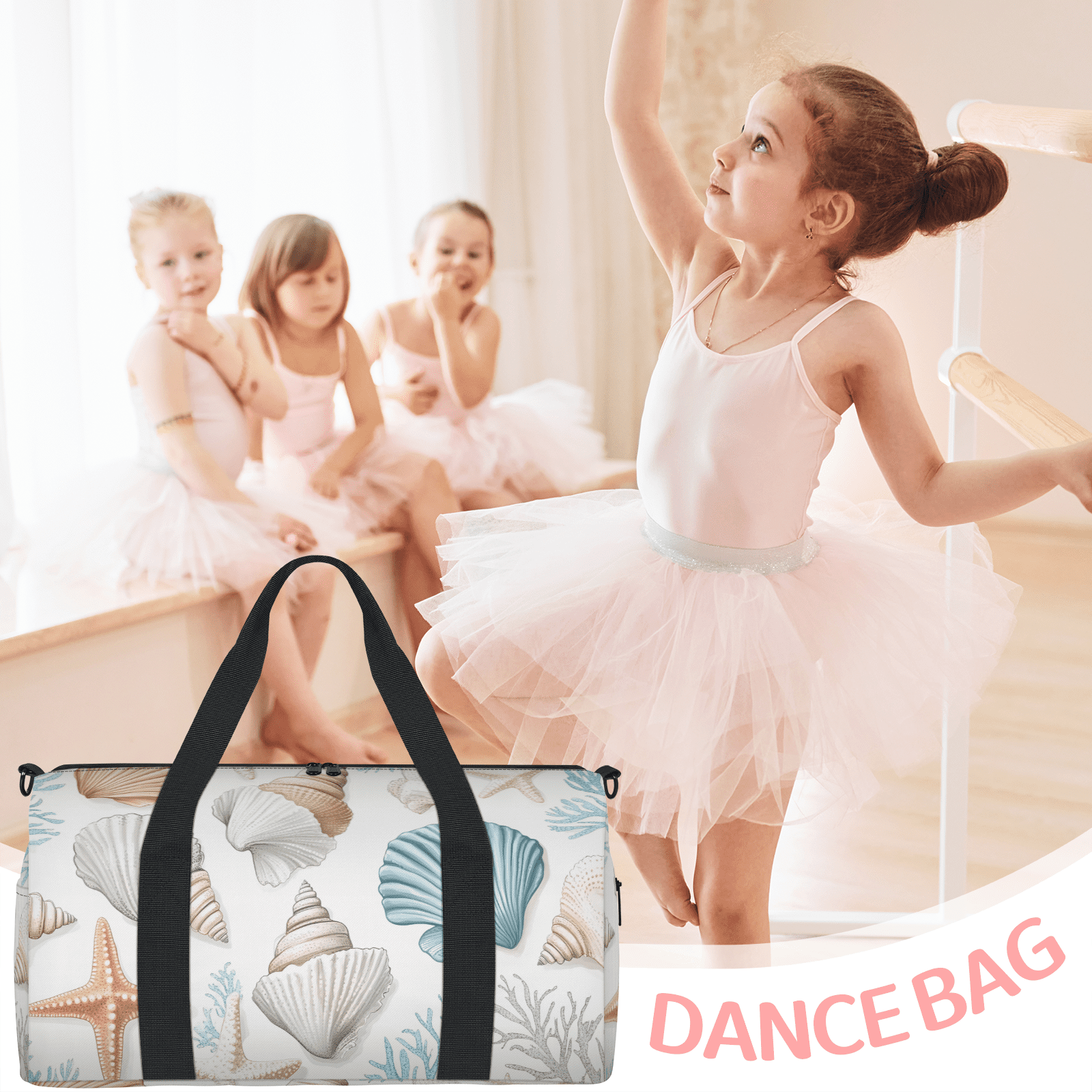 Herdesigns Nautical Coastal Gym Bag for Women, Starfish Seashell Coral Duffle Bag for Travel Sport, Lightweight Waterproof Carry on Weekender Overnight Dance Yoga Workout Bags