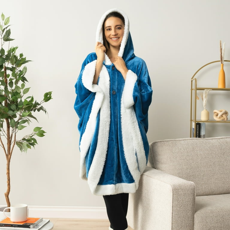 Pavilia Angel Wrap Hooded Blanket Poncho Blanket Wrap with Soft Sherpa Fleece Plush, Warm, Wearable Throw Cape with Pockets