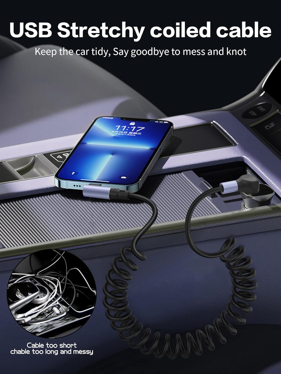 90-degree spiral to cable 3.2 feet 6/65 fast charging and data transmission retractable right-angle short cable suitable for mobile phones, Android cars (right-angle)