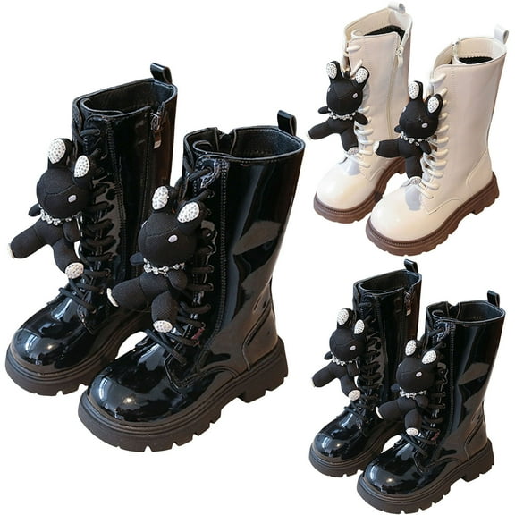 Dakaela Girls Knee High Boots Lace up Mid Calf Riding Combat Boots Side Zipper Punk Goth Kids Winter Booties Shoes Black
