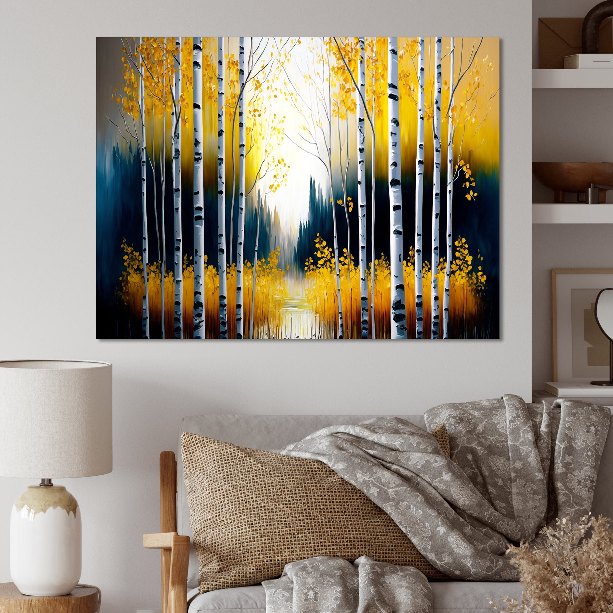 Designart Monochrome Golden Birch Trees By The River III Canvas Wall Art