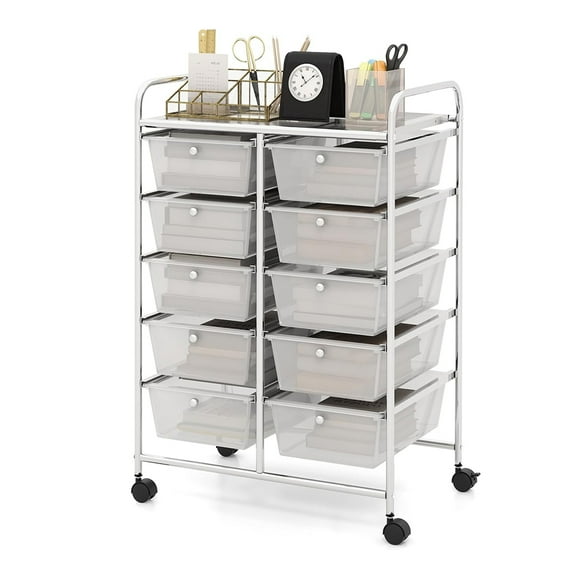 10-Drawer Rolling Storage Cart with Removable Organizer Drawers, Lockable Wheels for Stability, Mobile Utility Cart for Salon School Office Home, Clear
