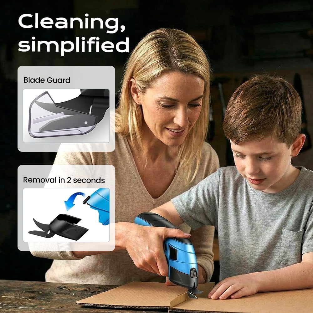 ABPETE Cordless Electric Scissors,Rechargeable Cordless Scissors Fabric Cutter, Heavy Duty Electric Box Cardboard Cutter, Multi-funtion Tool for Cutting Crafts,Box,Sewing,Carpet (Blue-2 Blade)