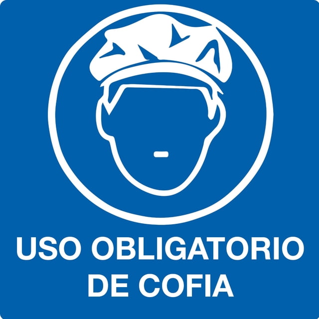 Señalamiento: "Uso obligatorio de cofia", en color azul y blanco. Impreso sobre plástico estireno calibre 40, medidas: 20 x 20 cm, ideal para interiores. Letrero, Señal informativa cuadrada.