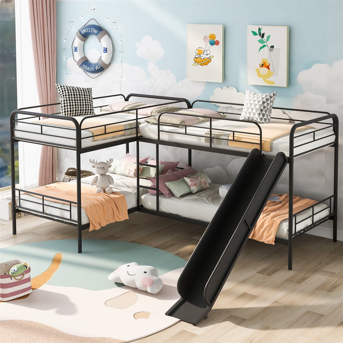 L Shape Bunk Bed for 4,Quad Bunk Beds with Slide and Built In Ladder