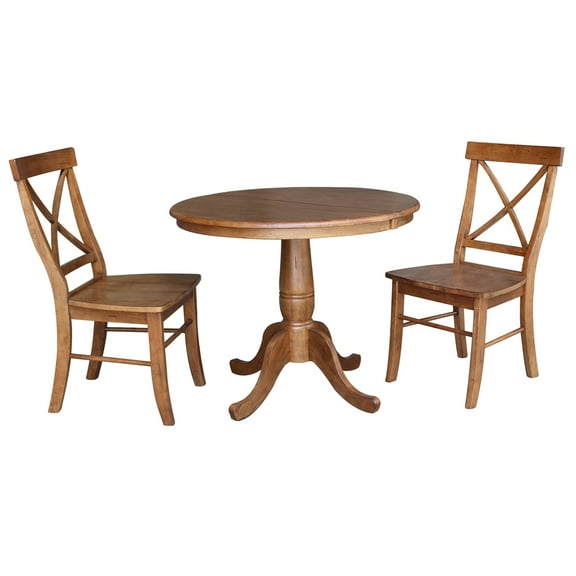 36" Round Solid Wood Extension Dining Table with 2 Chairs in Distressed Oak by International Concepts