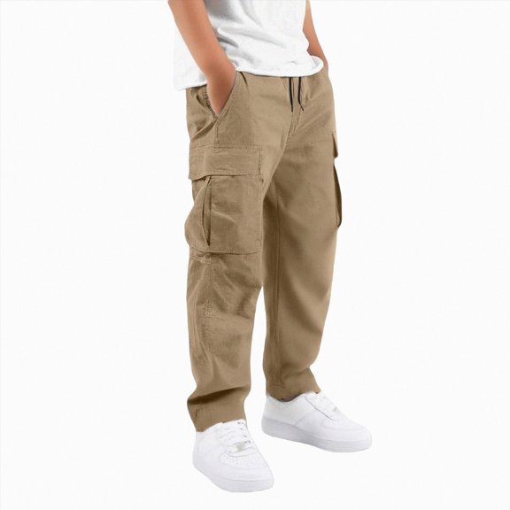 Xyant Boys Cargo Pants Drawstring Casual Hiking Pants Joggers Athletic Trousers Cotton Loose Straight Sweatpants for Boy (Khaki,11-12 Years)