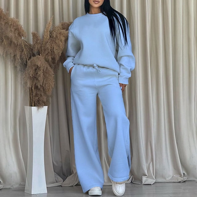 Wensltd Ensemble à Capuche pour Femmes Couleur Unie Décontracté Col Rond Manches Longues et Pantalon