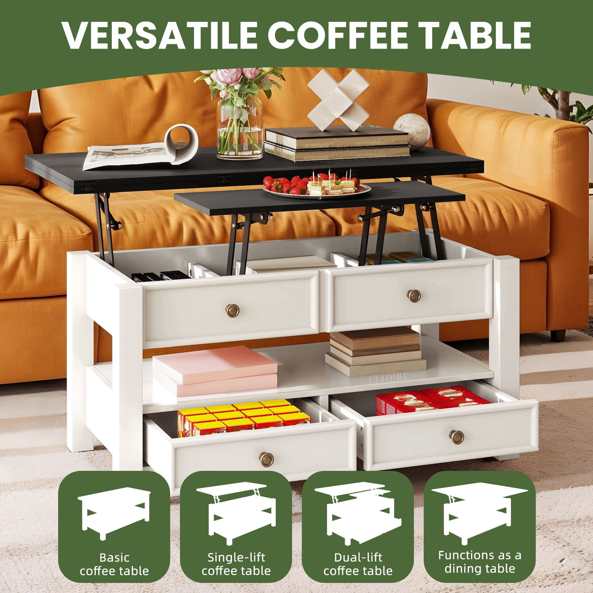 Uforic Tea Table with Lift-Top Design, Hidden Storage & Drawers for Living Room & Home Office, Beige & Black