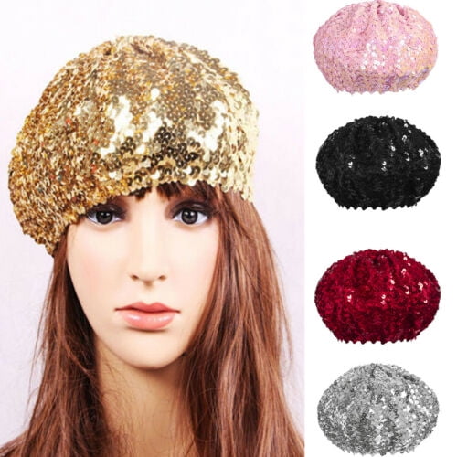 Lady Costume Stretch Sparkly Shining Sequin Beret Beanie Hat Blue R TOOGOO 