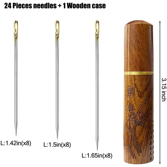 Self Threading Needles for Hand Sewing - 24 Pieces Easy Thread Needles for Hand Sewing,Embroidery Side Threading Hand Sewing Needles with Wooden Needle Case Carving Pattern -