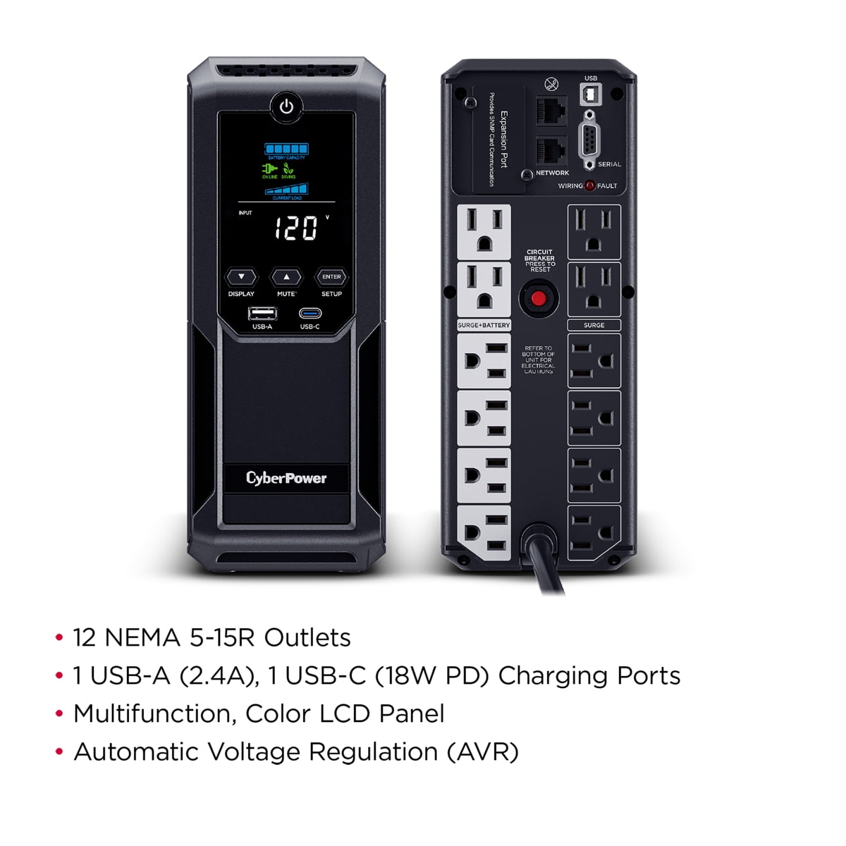CyberPower BRG1500AVRLCD2 Intelligent LCD UPS Systems - 1500VA/900W, 57 - 120 VAC, NEMA 5-15P, Mini-Tower, 12 Outlets
