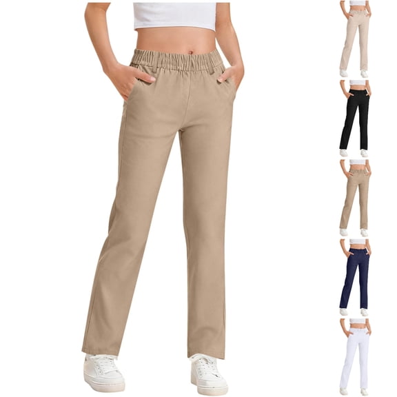 SGFCWSX Girls Elastic Waist Straight Leg Pants, Kids Uniform Pants Daily School Casual Trousers Khaki Size 12-13 Years