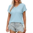 thumbnail image 2 of Lace Trim V-Neck Tee - 2025 Summer Breathable Cotton Blouse, Sheer Casual Top with Delicate Cutout Details | Baberdicy | Women Loose V Neck Short Sleeve Tops Casual Pure Color Lace Summer Blue M, 2 of 7