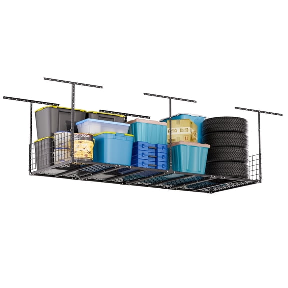 Overhead Garage Storage Rack, 700 lb Capacity, Adjustable Height 22-42", Heavy Duty Ceiling Mounted, Side Panels for Safety, Carbon Steel Construction, Black