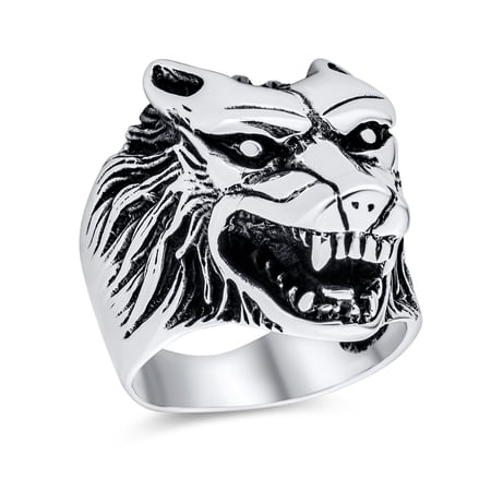 Bling Jewelry Mens Hunter Norse Viking Warrior Mens Silver Ring Fierce Roaring Wolf Head Design