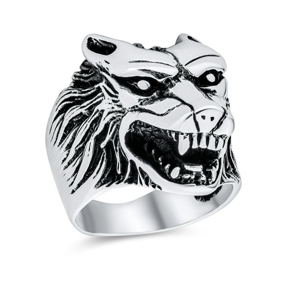 Bling Jewelry Mens Hunter Animal Norse Viking Warrior Signet Fierce Wolf Head Ring Oxidized .925 Sterling Silver