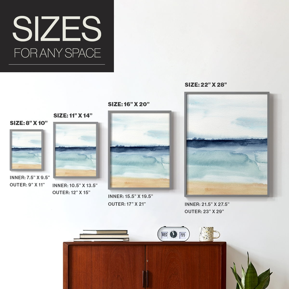Watercolor Ocean Horizon I Framed Print in Gray Solid Wood 8 x 10 Framed Print