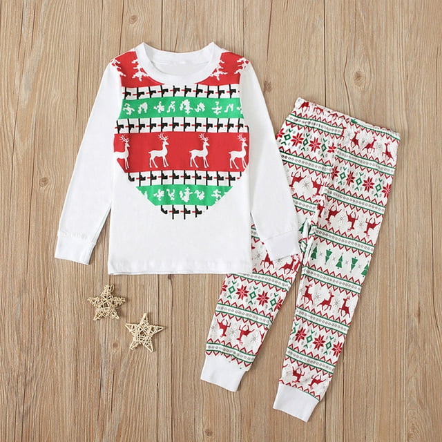 LSLJS Ensemble de Pyjamas pour Tout-Petits Garçons Filles, T-Shirt à Imprimé de Renne de Noël Hauts+pantalons, Ensembles de Tenues, Pyjamas pour Bébé ( Blanc, 1-2 Ans )