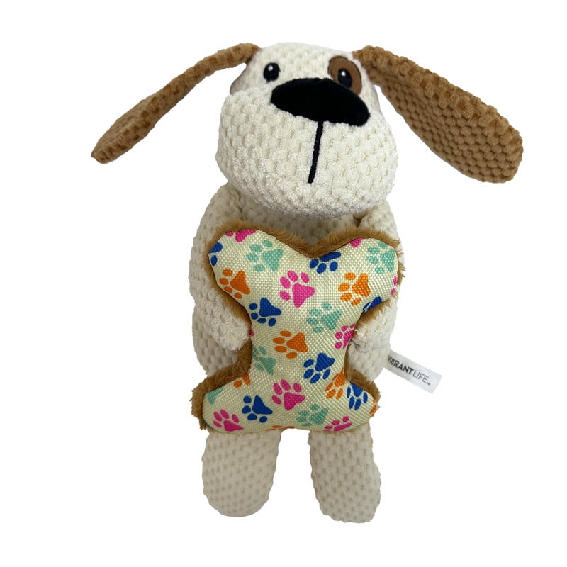 Vibrant Life Brown Dog with Bone Plush Dog Toy with Squeaker, Chew Level 4