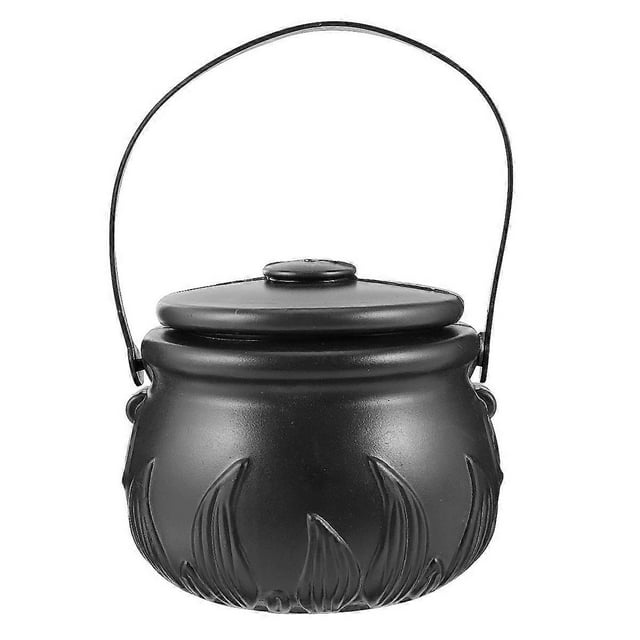 Novelty Candy Kettles with Lid Halloween Black Kettles Candy Holder Witches Cauldron with Handle (Size L without Fire Pattern)