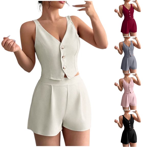 Casual Summer Outfits 2 Piece Matching Clothing Set Women Fashion Casual Solid Color V Neck Sleeveless High Waisted Shorts White S