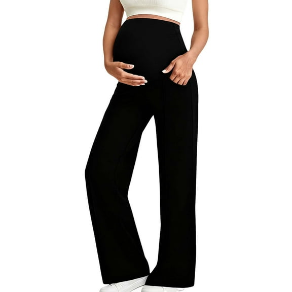 TEAJOPSUU Womens Maternity Wide Leg Pants Over The Belly Yoga Pants with Pockets Stretchy Workout Yoga Lounge Trousers Pregnancy Pregnancy Womens Pants Black