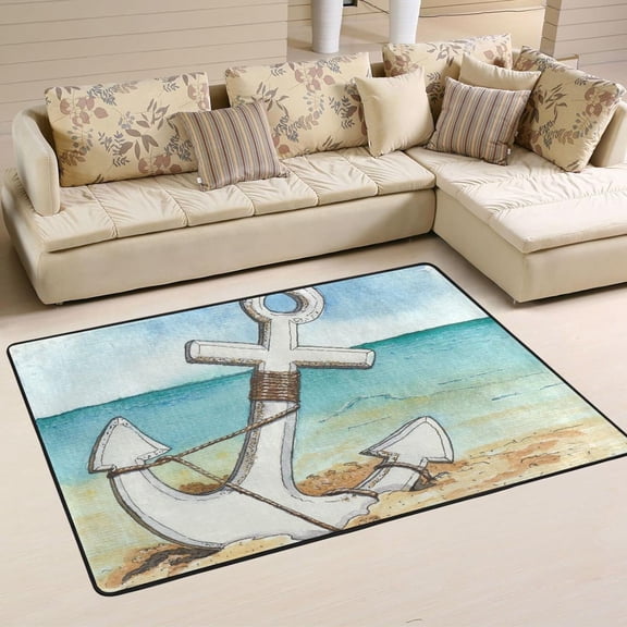 SKYSONIC 36x24in Anchor Sand Nautical Area Rug, Summer Beach Non-Slip Floor Carpet for Indoor Living Dining Room Bedroom