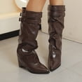 thumbnail image 4 of Viluyesy Womens Knee High Slouchy Boots Pointed Toe Buckle Wedge Heel Side Zip Faux Leather Comfortable Shoes Brown Size 9, 4 of 9