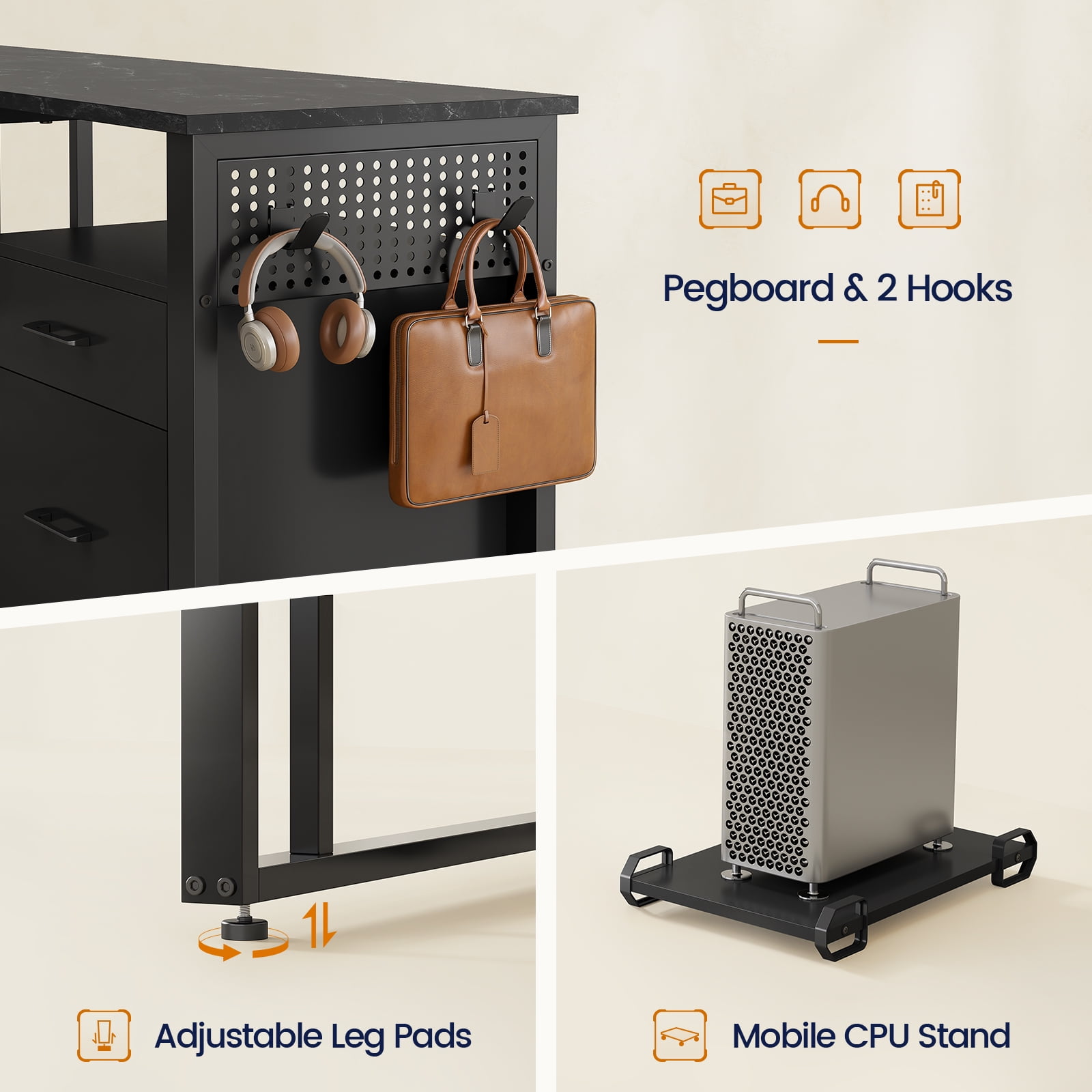 71" L-Shaped Executive Desk with Power Outlets & Mobile CPU Stand, Computer Desk with Storage Shelves, File Cabinet & Pegboard, Corner Desk for Office, Home, Black